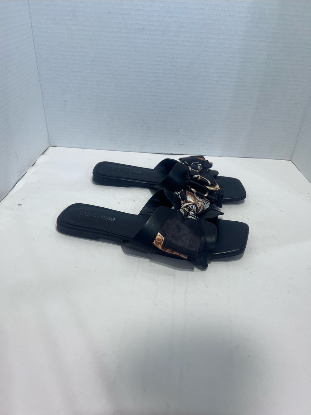 Fashion Nova Black Slide Sandals with Patterned Bow Accent